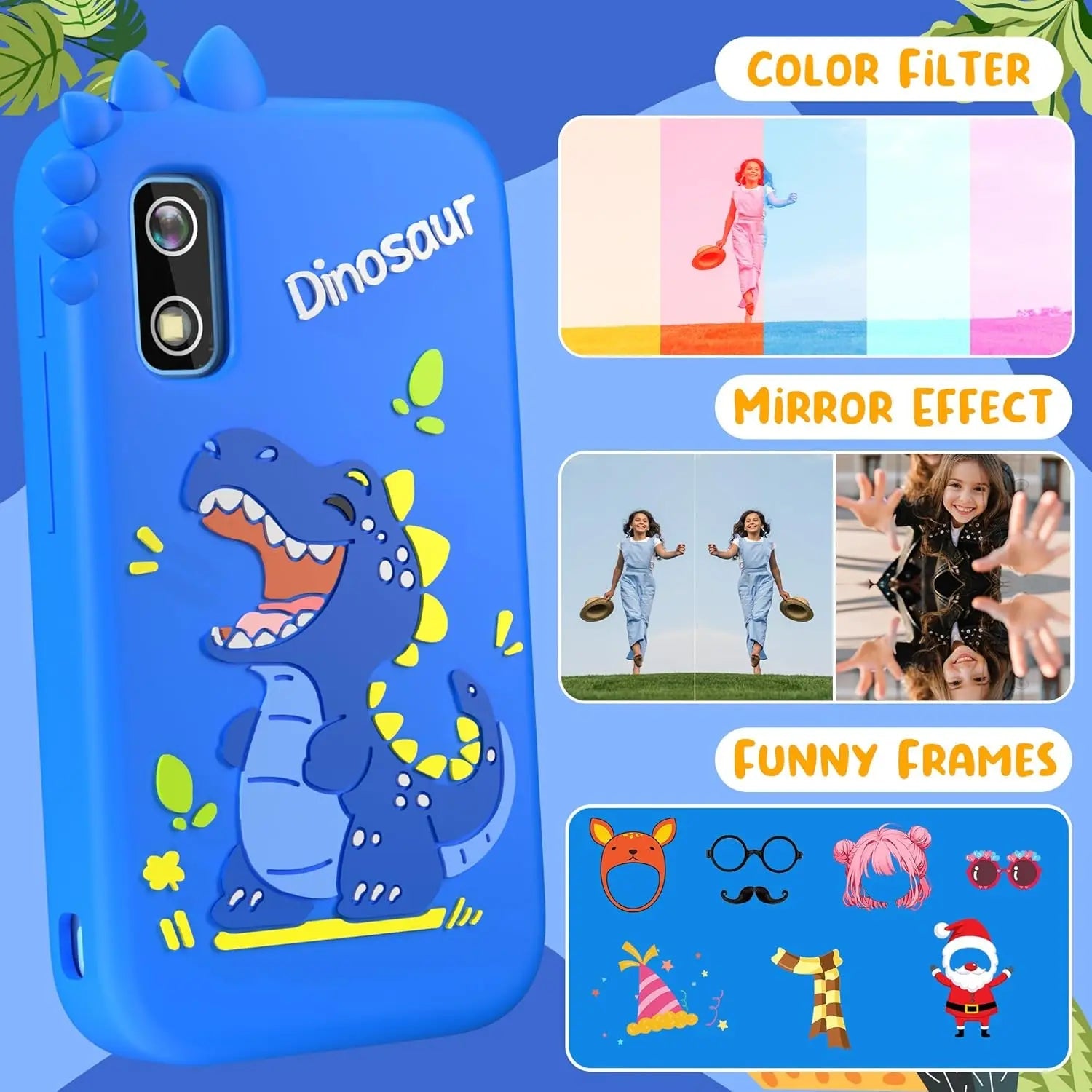 Kids Phone with Camera for Boys with Touchscreen, 32G Card Birthday Gifts for Kids Dual Camera, Music Player (Blue Dinosaur) - silverfoxgoods